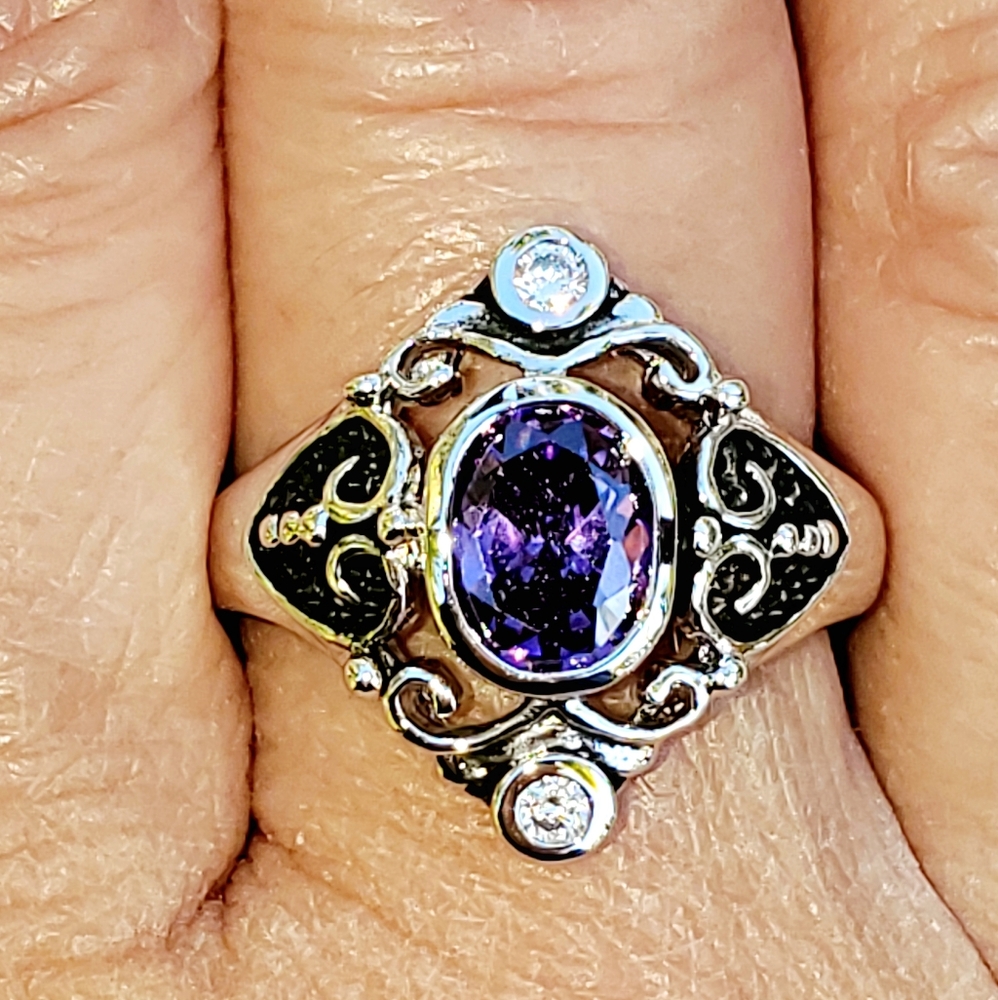 Sterling Silver Ring Amethyst CZ Cocktail Ring Size 7